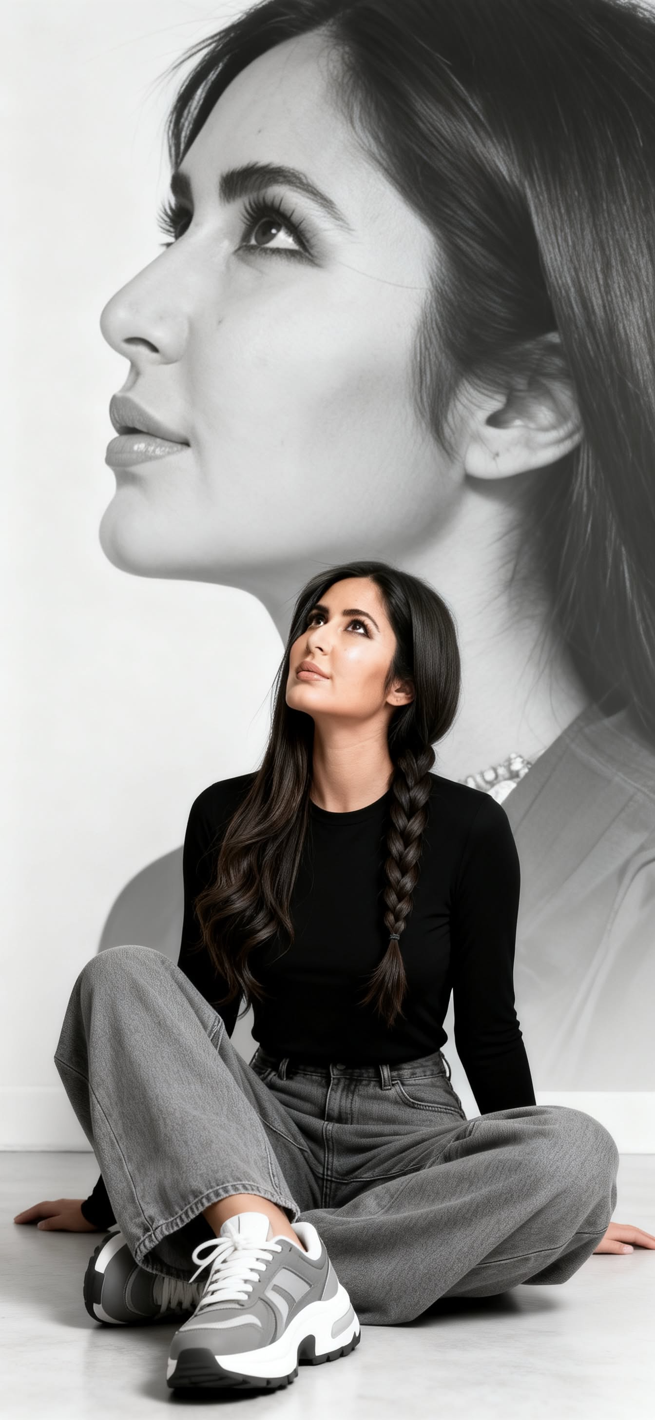This may contain_ a woman is sitting on the floor with her head tilted to the side and looking up This may contain_ a woman is sitting on the floor with her head tilted to the side and looking up