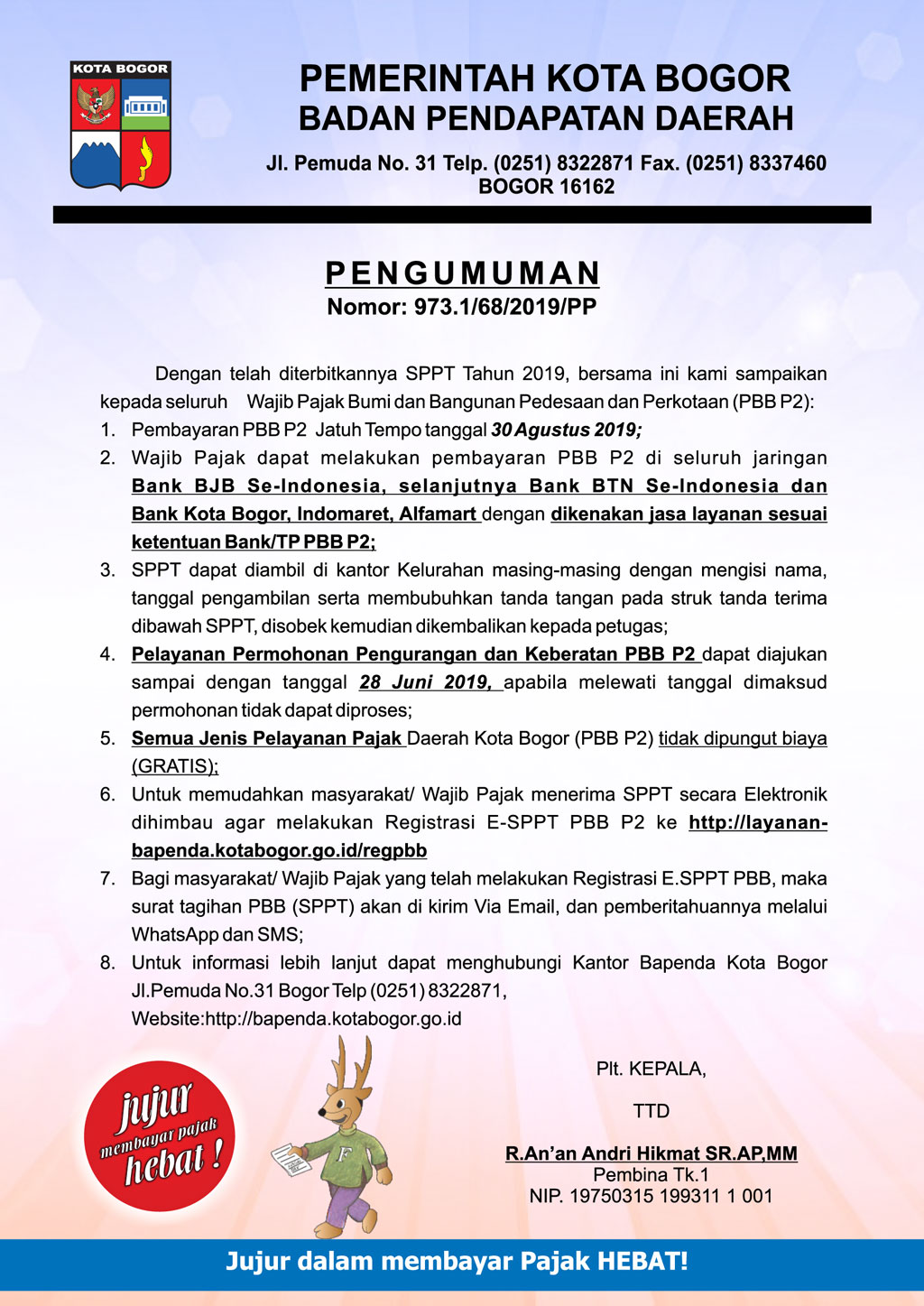 pengumuman pajak PBB P2 Kota Bogor
