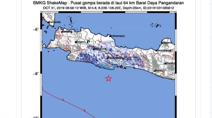 Gempa magnitudo 4,8 mengguncang Pangandaran, Kamis (31/10/2019)