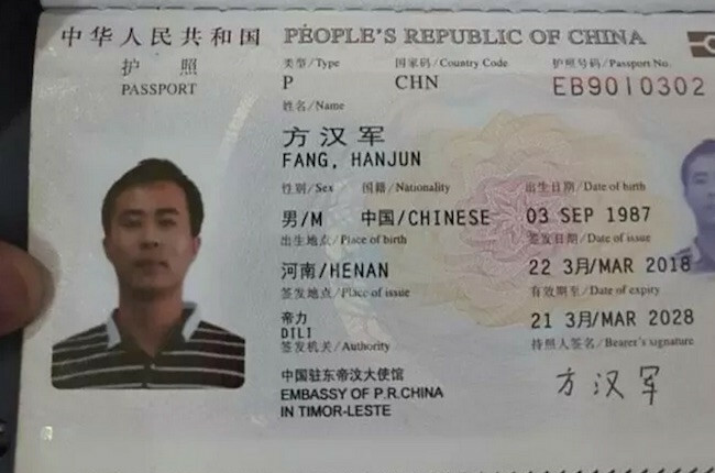 Paspor Tiongkok atas nama Fang Hanjun. Foto: Polres Belu