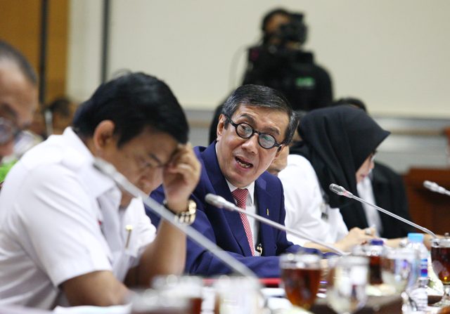 Menteri Hukum dan Hak Asasi Manusia (Menkum Ham) Yasonna Laoly mengatakan, nantinya DPR akan melakukan perbaikan dengan pemerintah pada saat rapat yang membahas tentang Omnibus Law Cipta Kerja ini. ( Dery Ridwansah/ JawaPos.com)