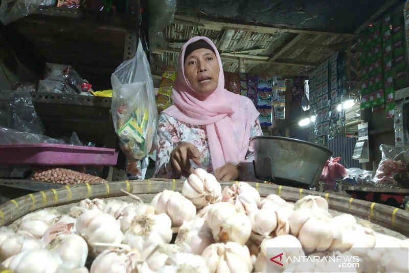 Pedagang menunjukkan stok bawang putih. Foto: ANTARA/Khaerul Izan