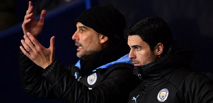 Mikel Arteta (kanan) ketika masih bertugas sebagai asisten Pep Guardiola di Manchester City.