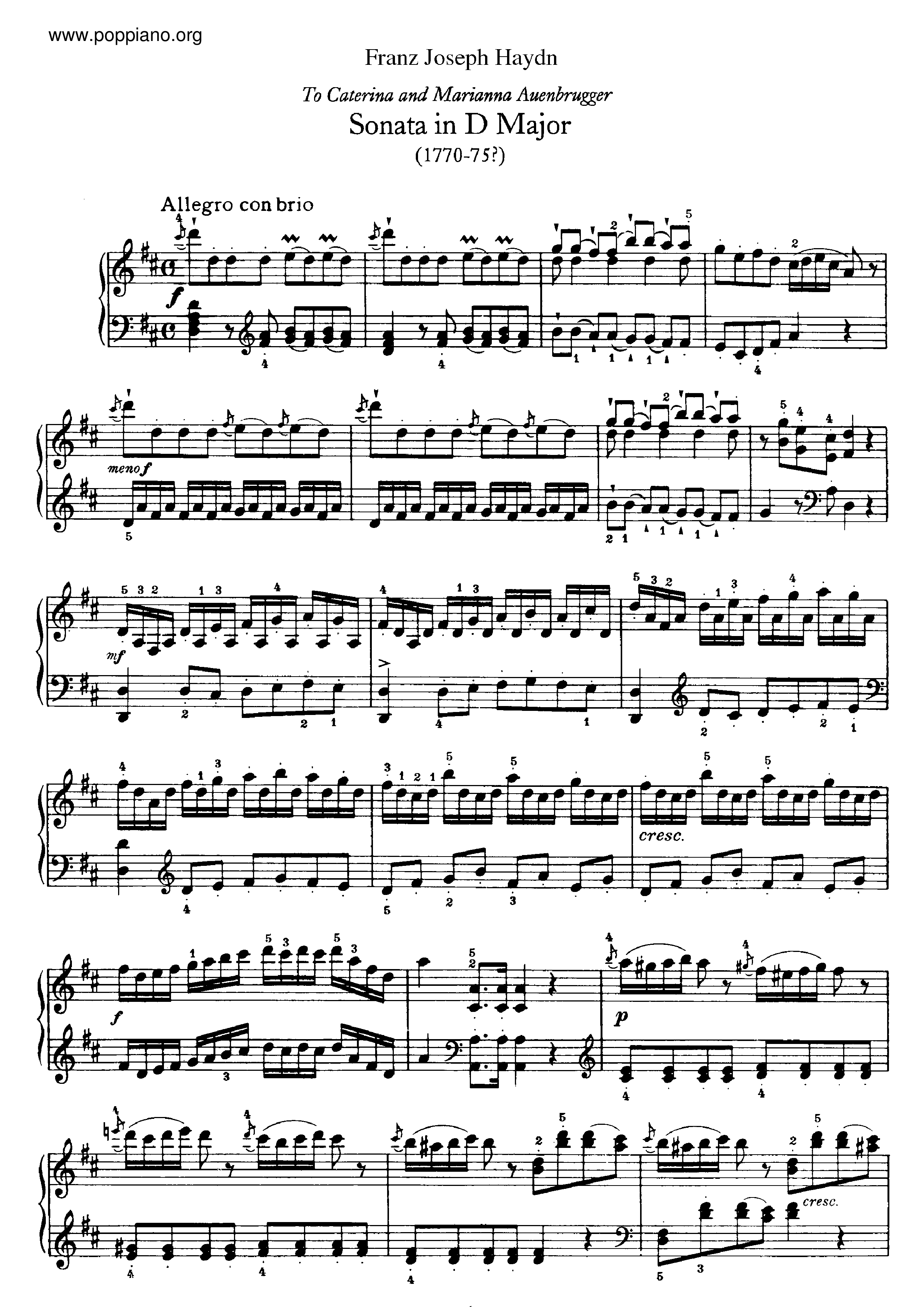 ☆フランツ・ヨーゼフ・ハイドン - Sonata No.37 in D major ピアノ譜
