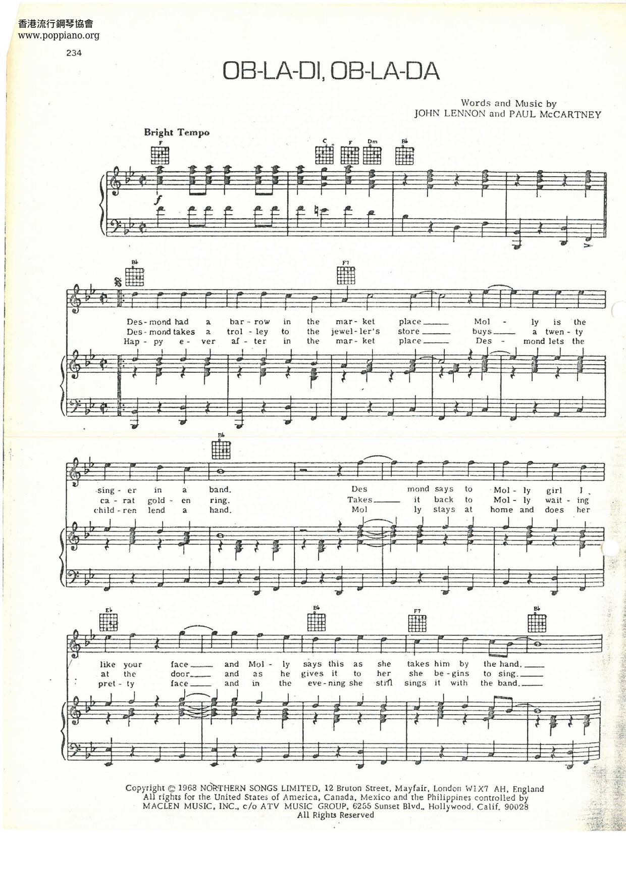 ☆ザ・ビートルズ - オブラディ・オブラダ 악보 ピアノ譜pdf (ザ