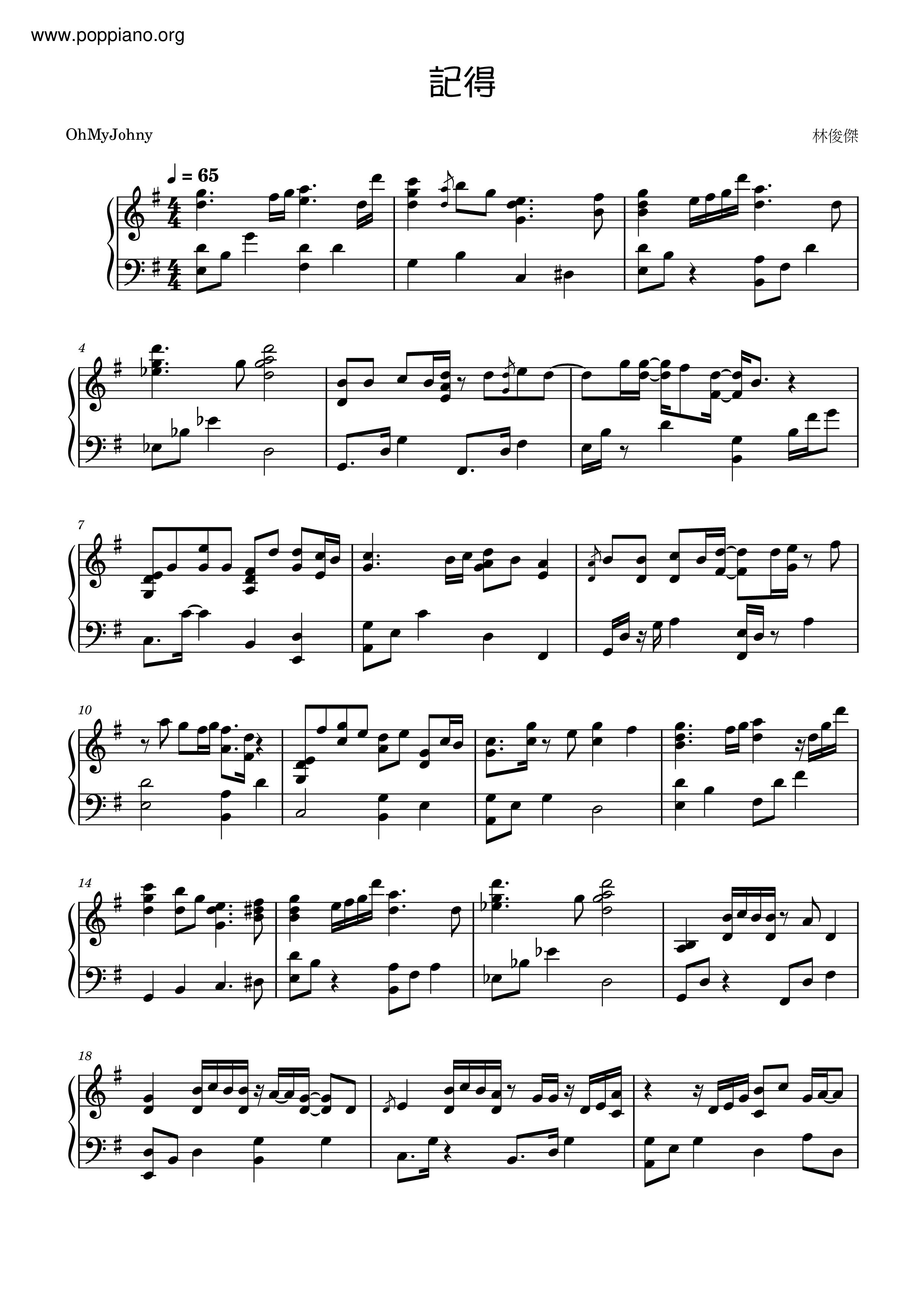 ★ 林俊傑, 張惠妹-不懂 / 記得 琴譜pdf-POPPIANO.ORG 琴譜下載 ★