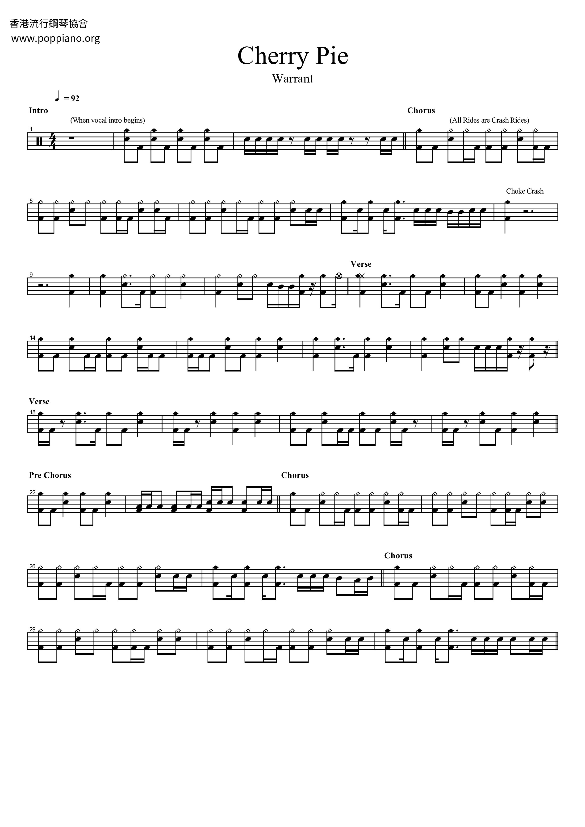 ☆Warrant - Cherry Pie ドラムスコアpdf- POPPIANO.ORG 無料PDF楽譜