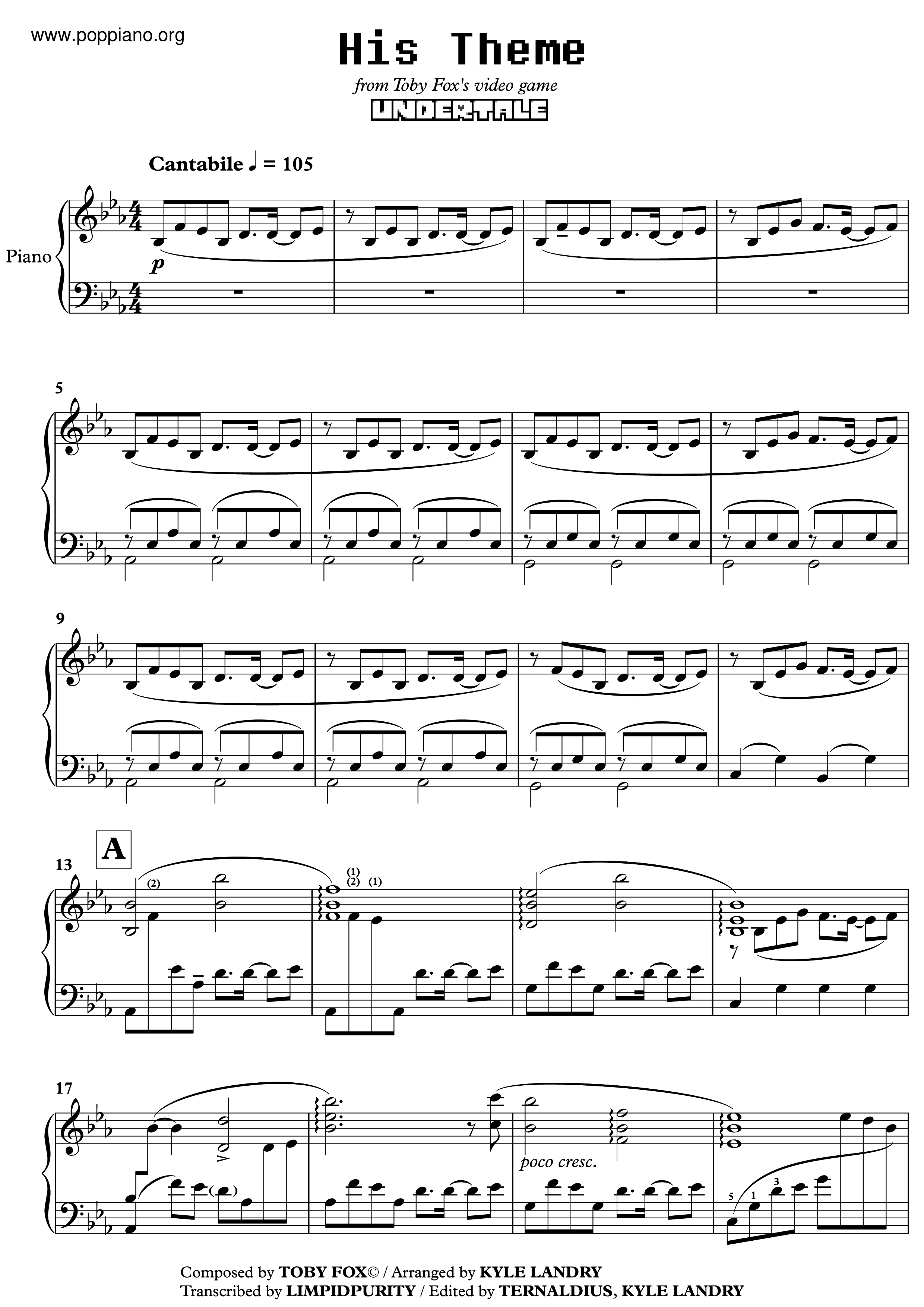 Undertale-His Theme Sheet Music pdf, -ヒズ・テーマ 악보 - Free Score Download ★
