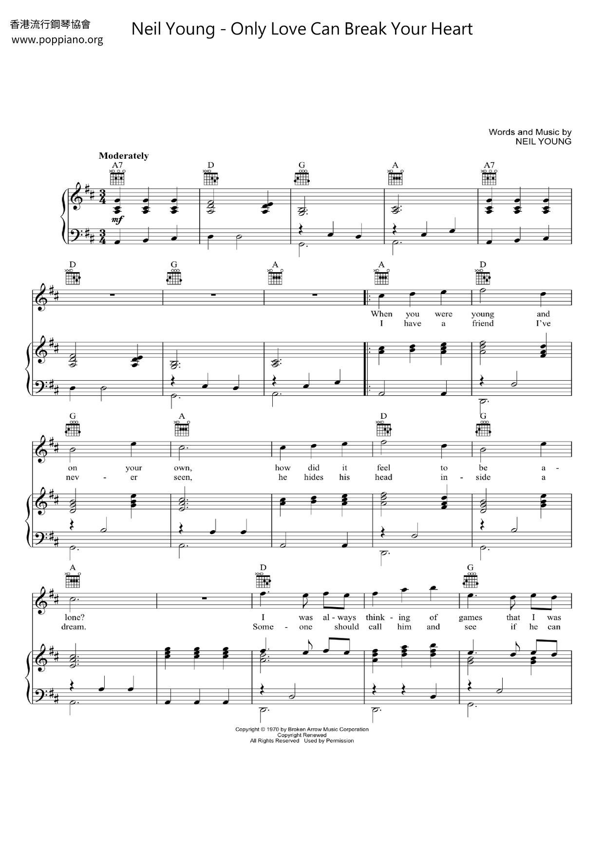 ☆ニール・ヤング - Only Love Can Break Your Heart ピアノ譜pdf