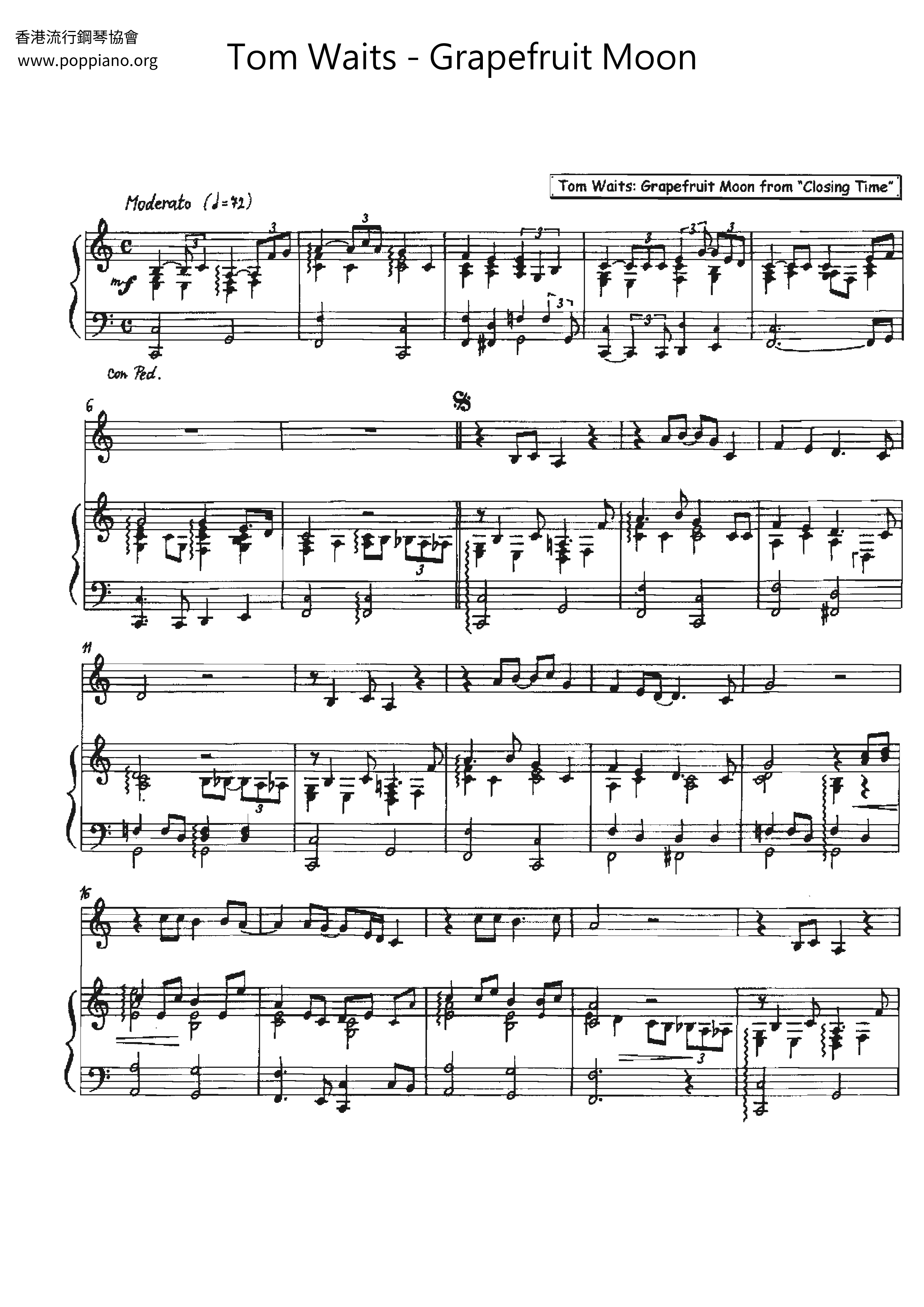 Tom Waits: Big Time 楽譜 譜面 トム・ウェイツ ビッグタイム クロージング・タイム 楽譜 ピアノ (ソロ) easy | MuseScore.com