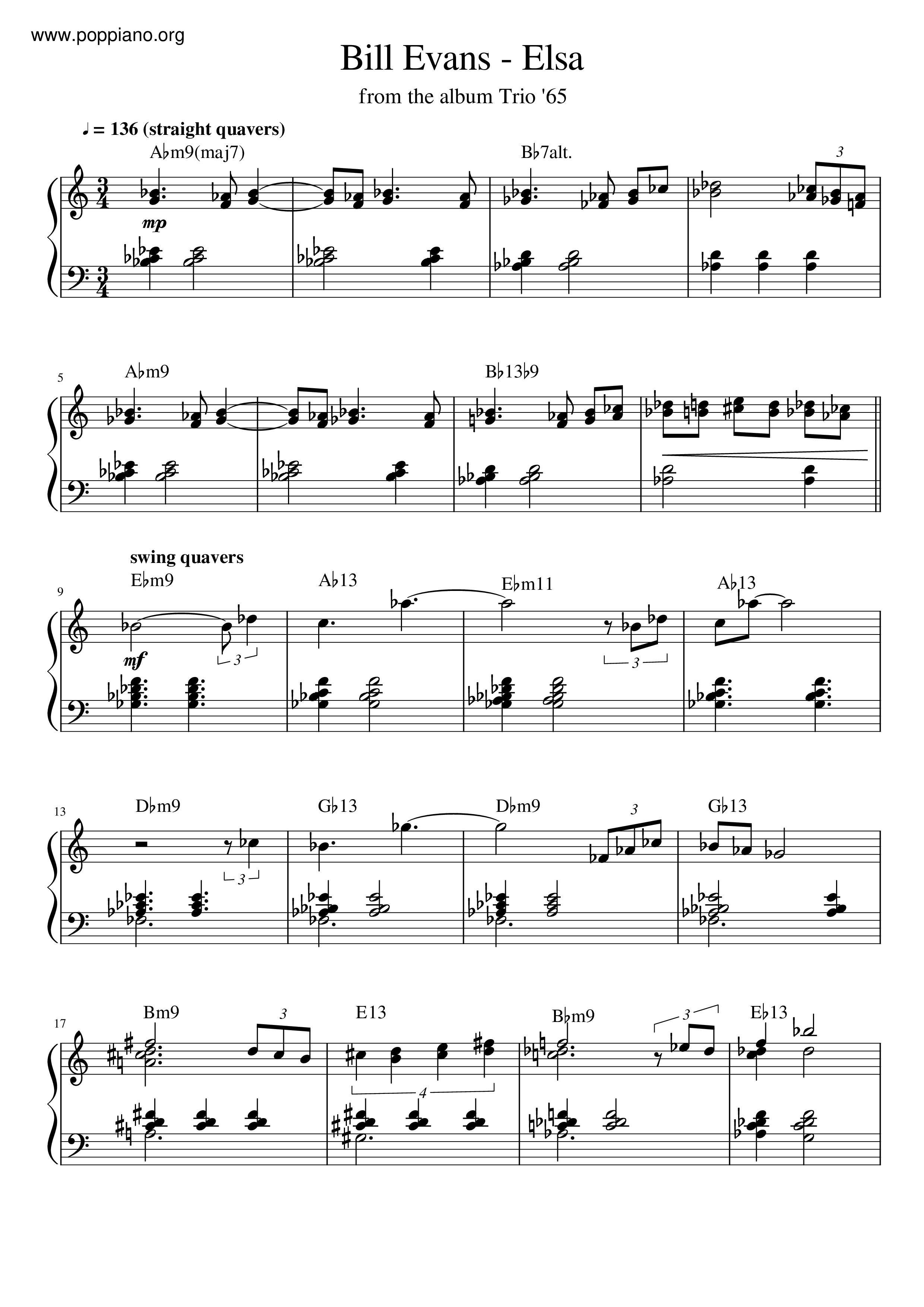 ☆ビル・エヴァンス - Elsa ピアノ譜pdf (ビル・エヴァンス)- POPPIANO