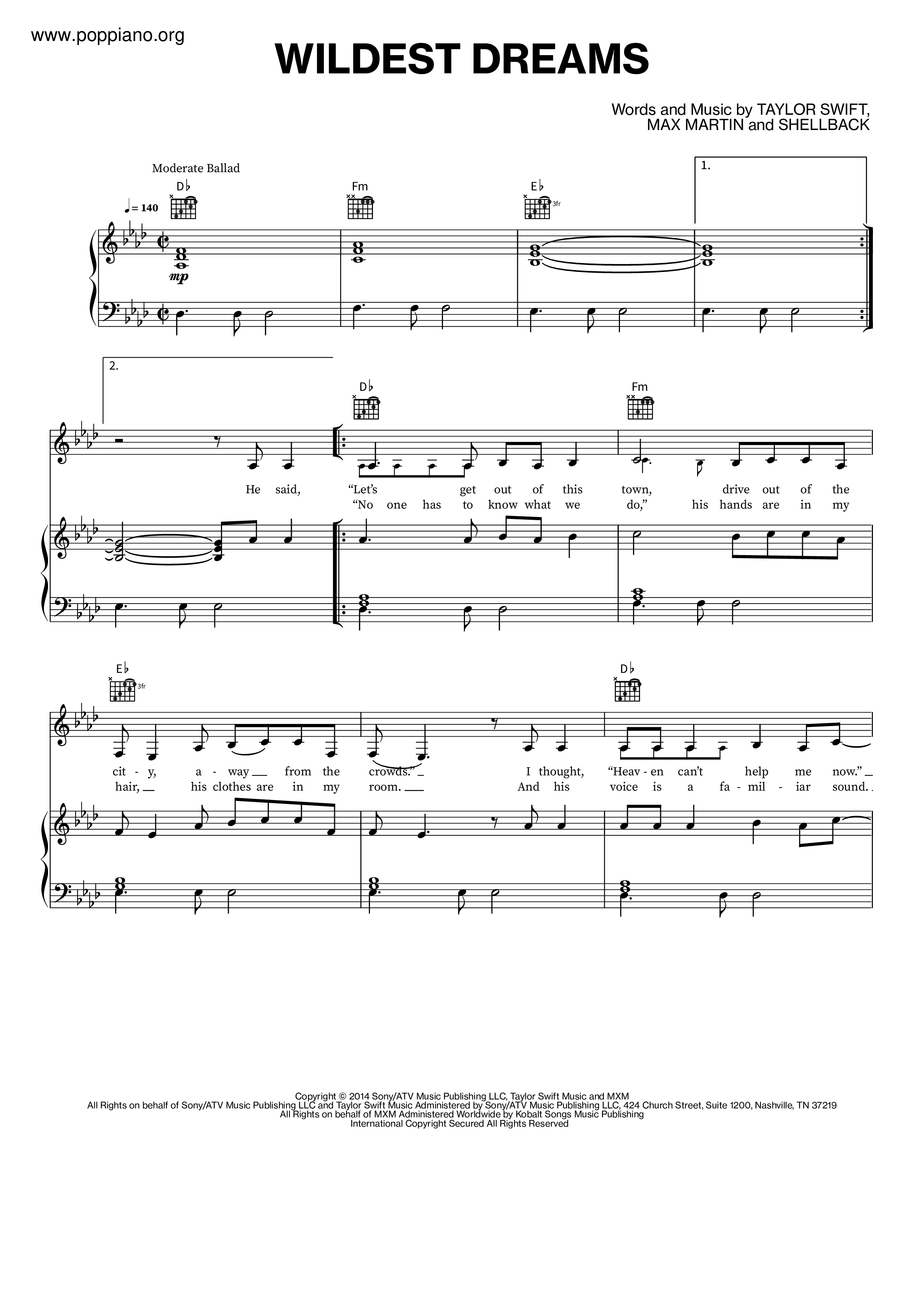 Taylor Swift-Wildest Dreams Sheet Music pdf, - Free Score Download ★