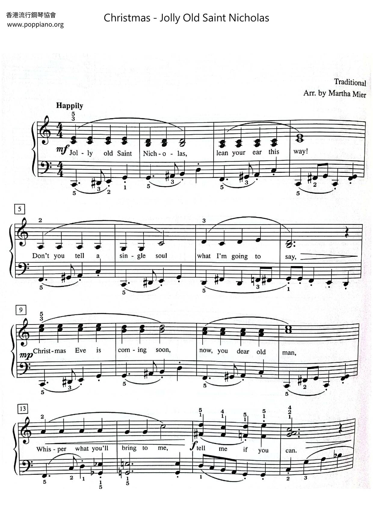 聖誕歌鋼琴譜 Christmas Songs Sheet Music -Jolly Old Saint Nicholas Sheet ...