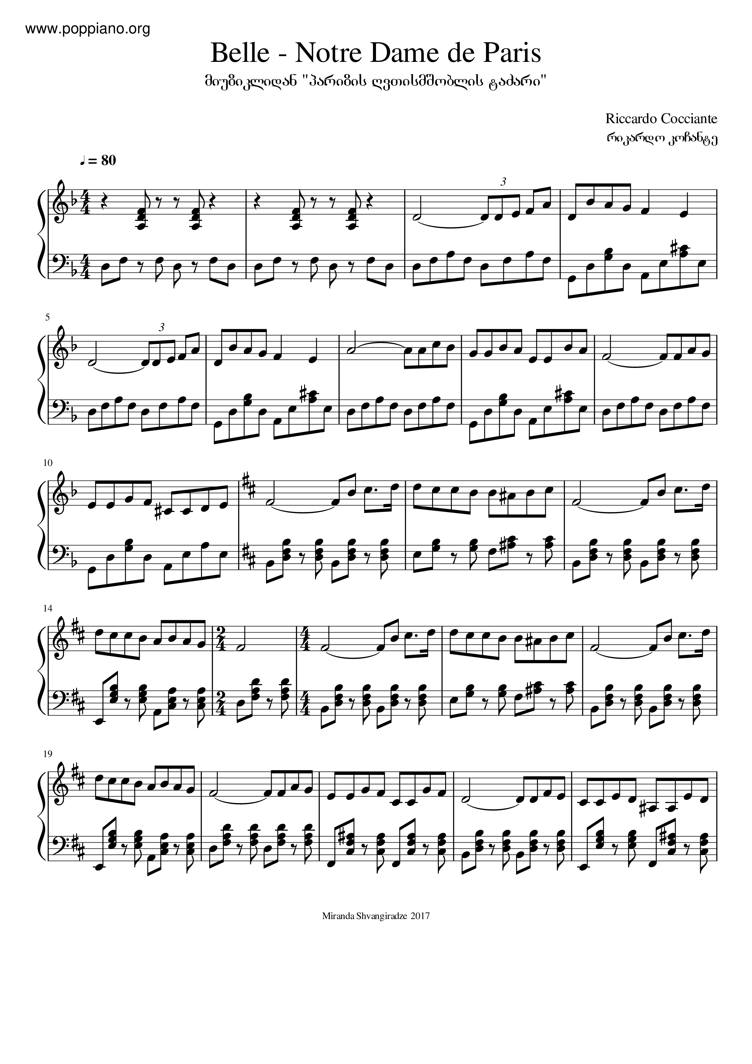 ☆Garou - Belle - Notre Dame de Paris ピアノ譜pdf- POPPIANO.ORG