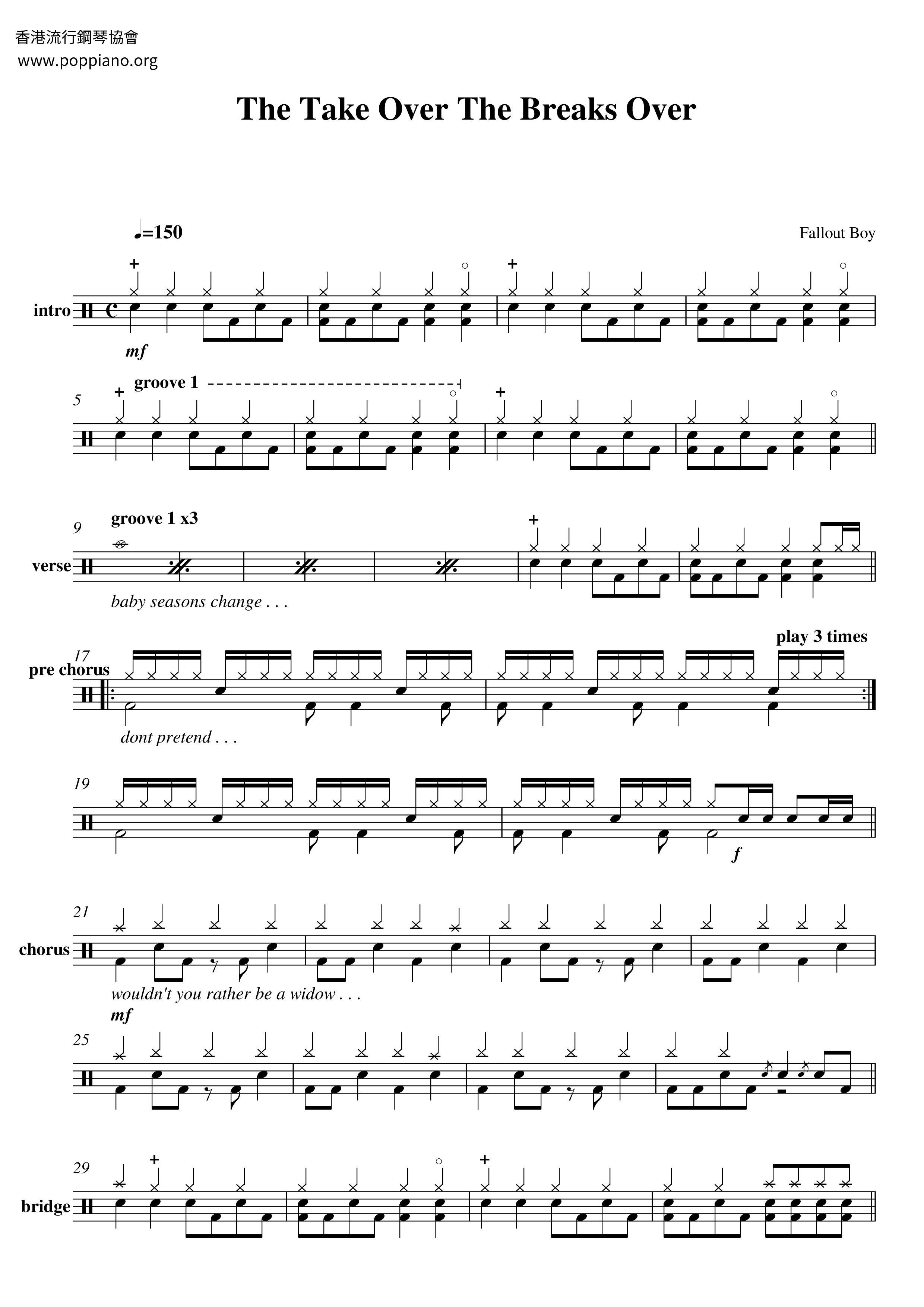 Fall Out Boy-The Take Over, the Breaks Over Drum Tab pdf, - Free Score ...