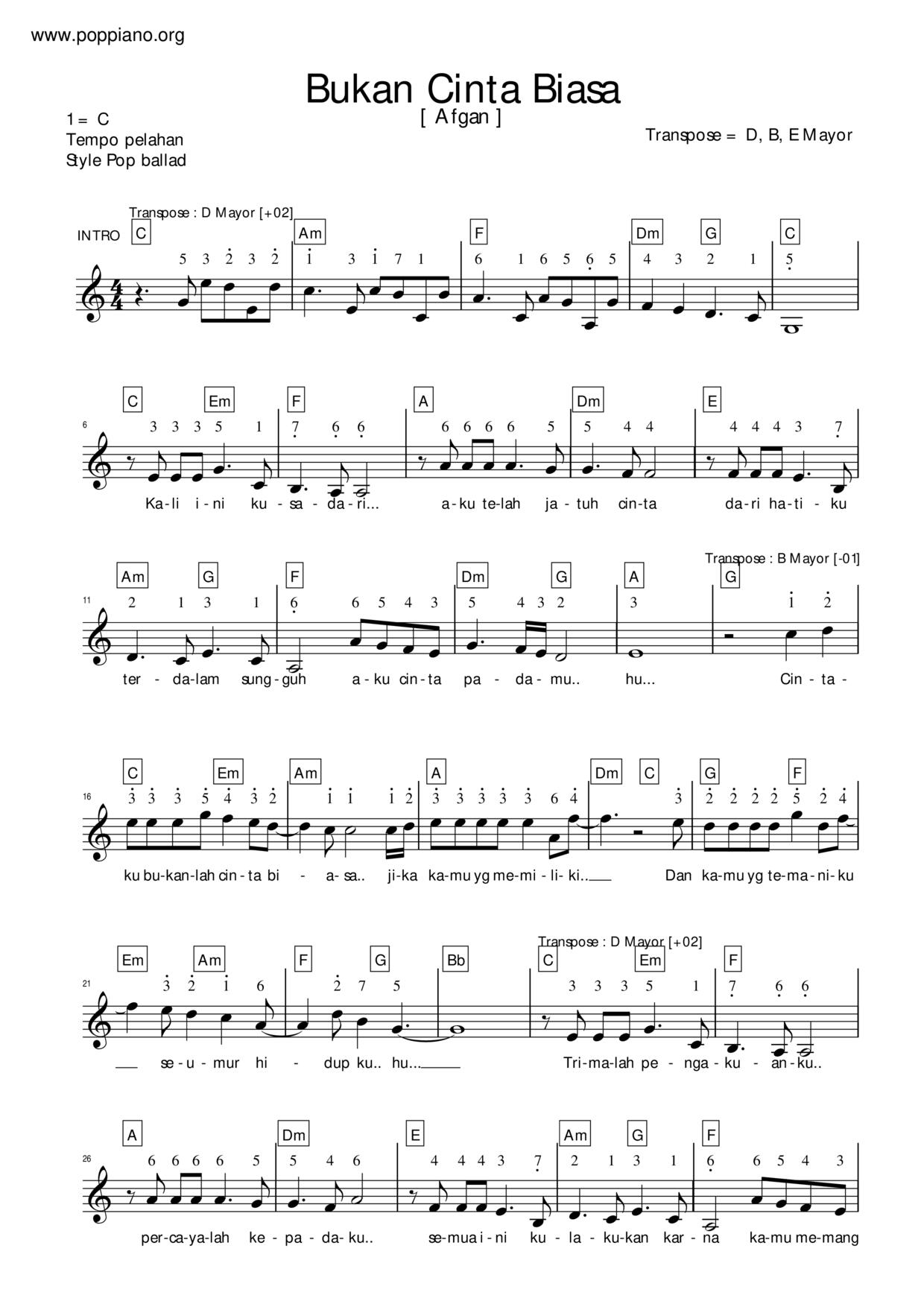 Afgan-Bukan Cinta Biasa 琴譜pdf-POPPIANO.ORG 琴譜下載 ★