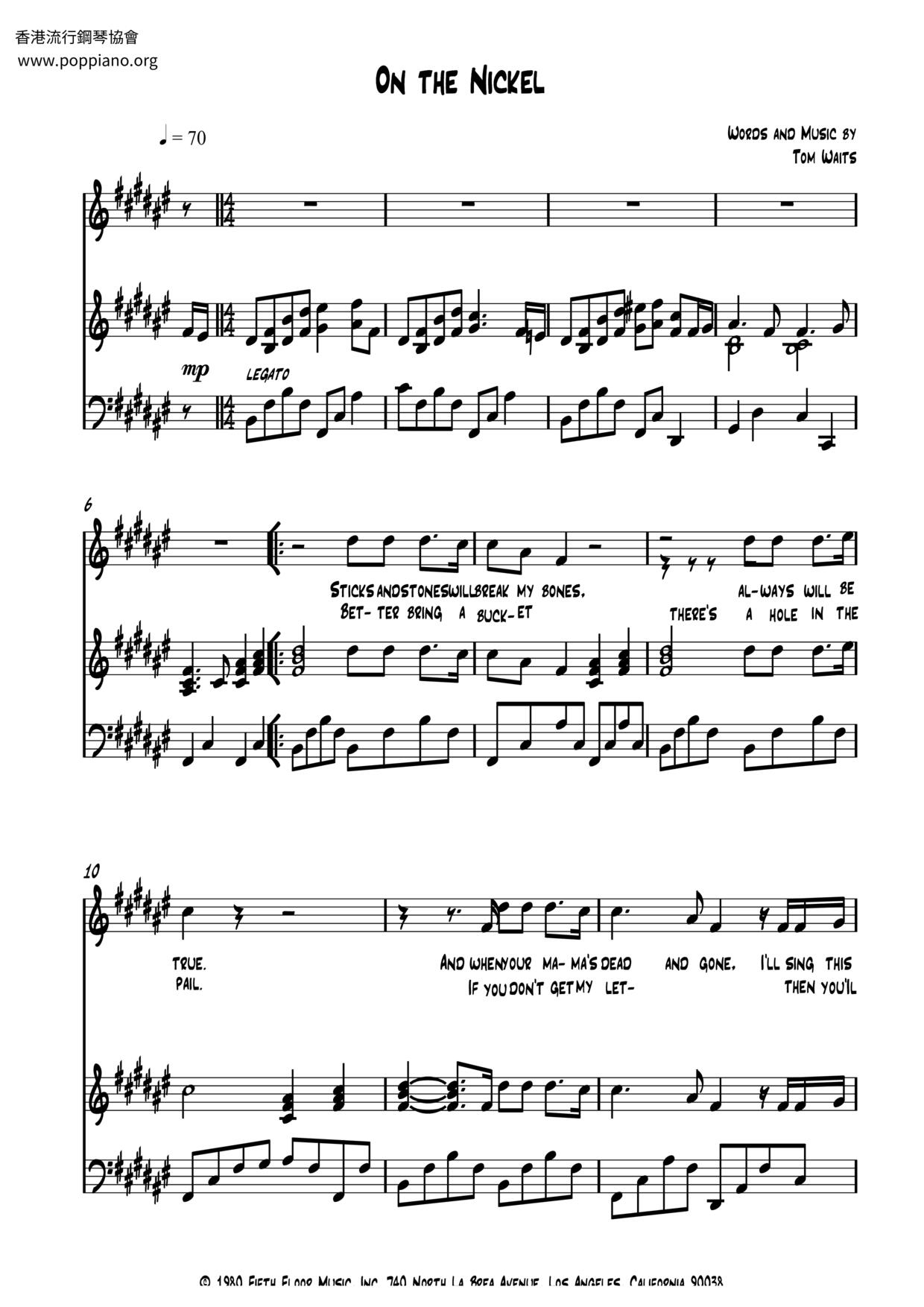 ☆トム・ウェイツ - On The Nickel ピアノ譜pdf (トム・ウェイツ