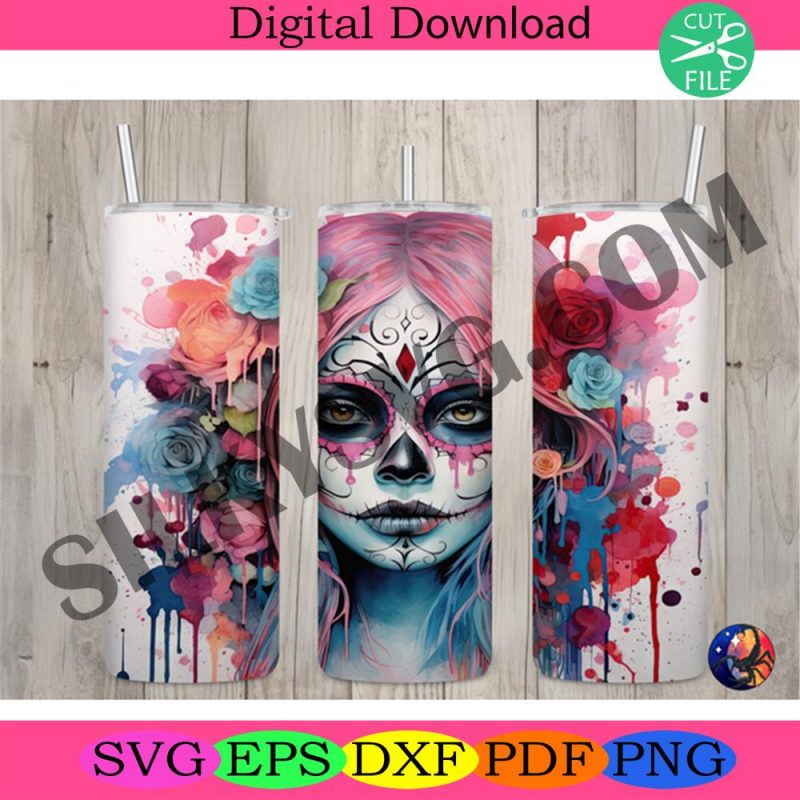 seamless-graffiti-pink-day-of-the-dead-design-halloween-20oz-skinny-straight-tumbler-sublimation-design-tumbler-wrap