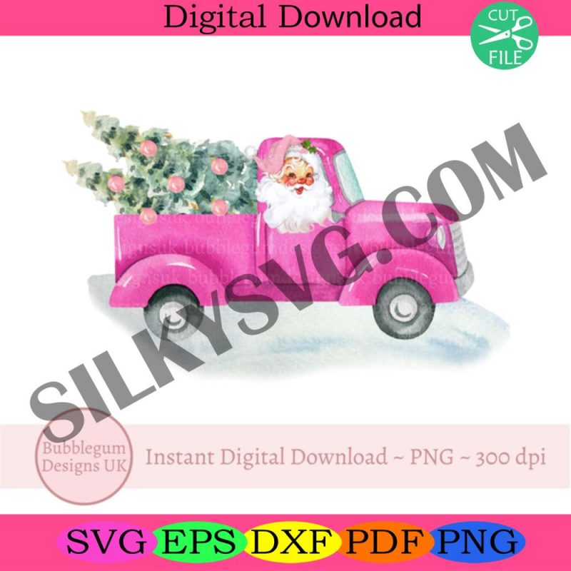 pink-santa-christmas-tree-truck-png-christmas-clip-art-vintage-santa-design-holiday-sublimation-instant-digital-dow