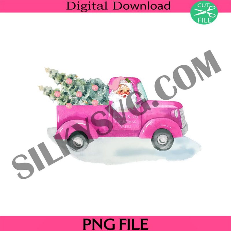 pink-santa-christmas-tree-truck-png-christmas-clip-art-vintage-santa-design-holiday-sublimation-instant-digital-dow