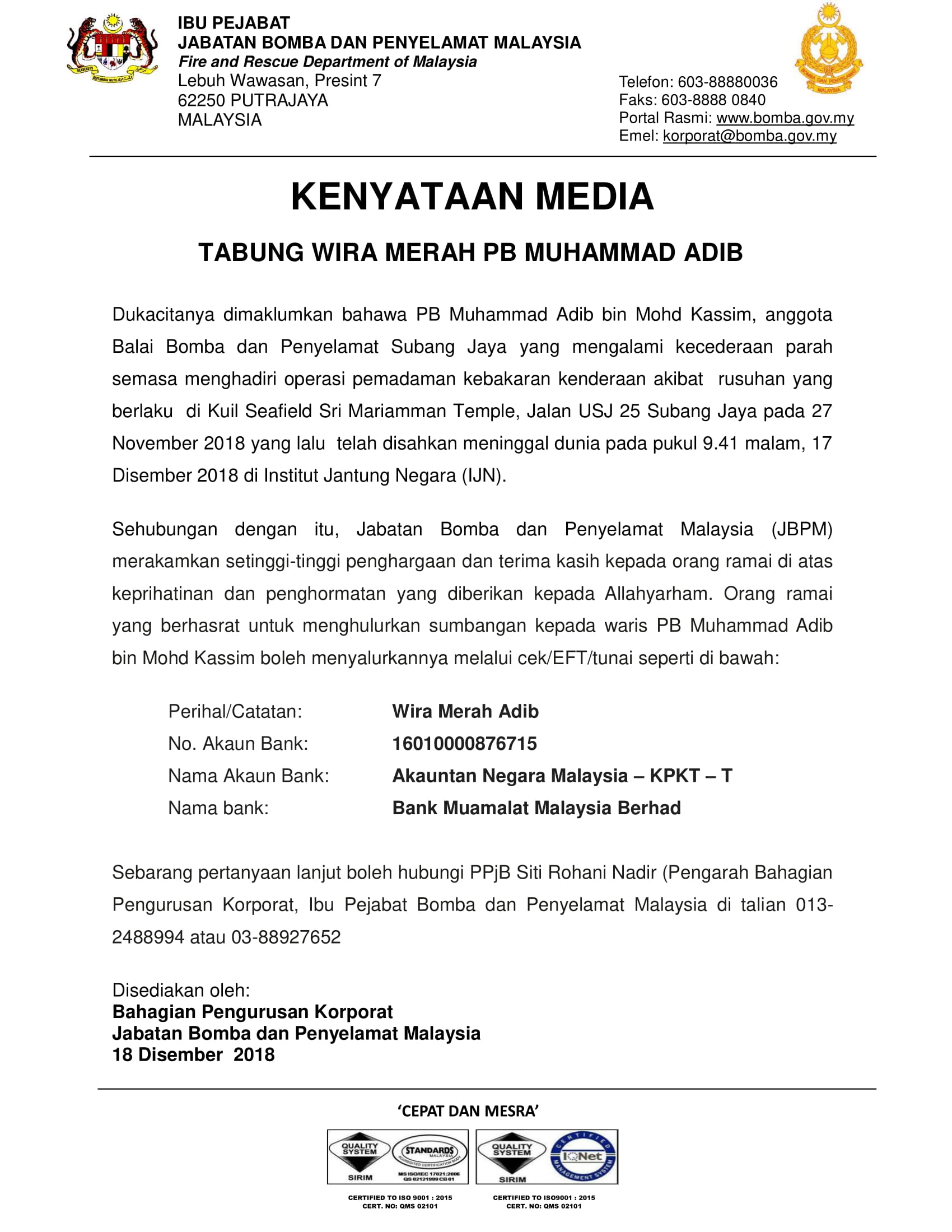 Bomba Lancar Tabung Wira Merah Khas Untuk Muhammad Adib