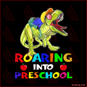 Back to school png, dinosaur roaring into preschool, first day of