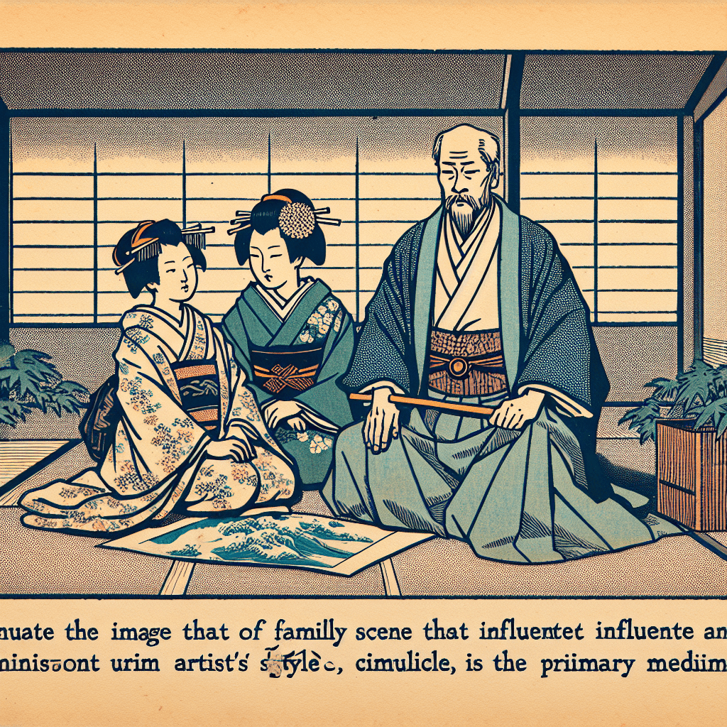 Create an image depicting the family life of Hokusai, focusing on his artistic influences and relationships.