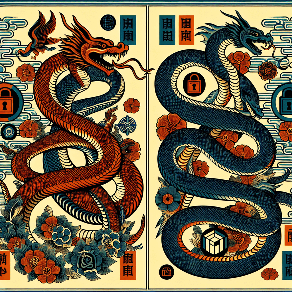 Design an image that combines elements of ancient wisdom, serpents, and symbols representing privacy and data security.