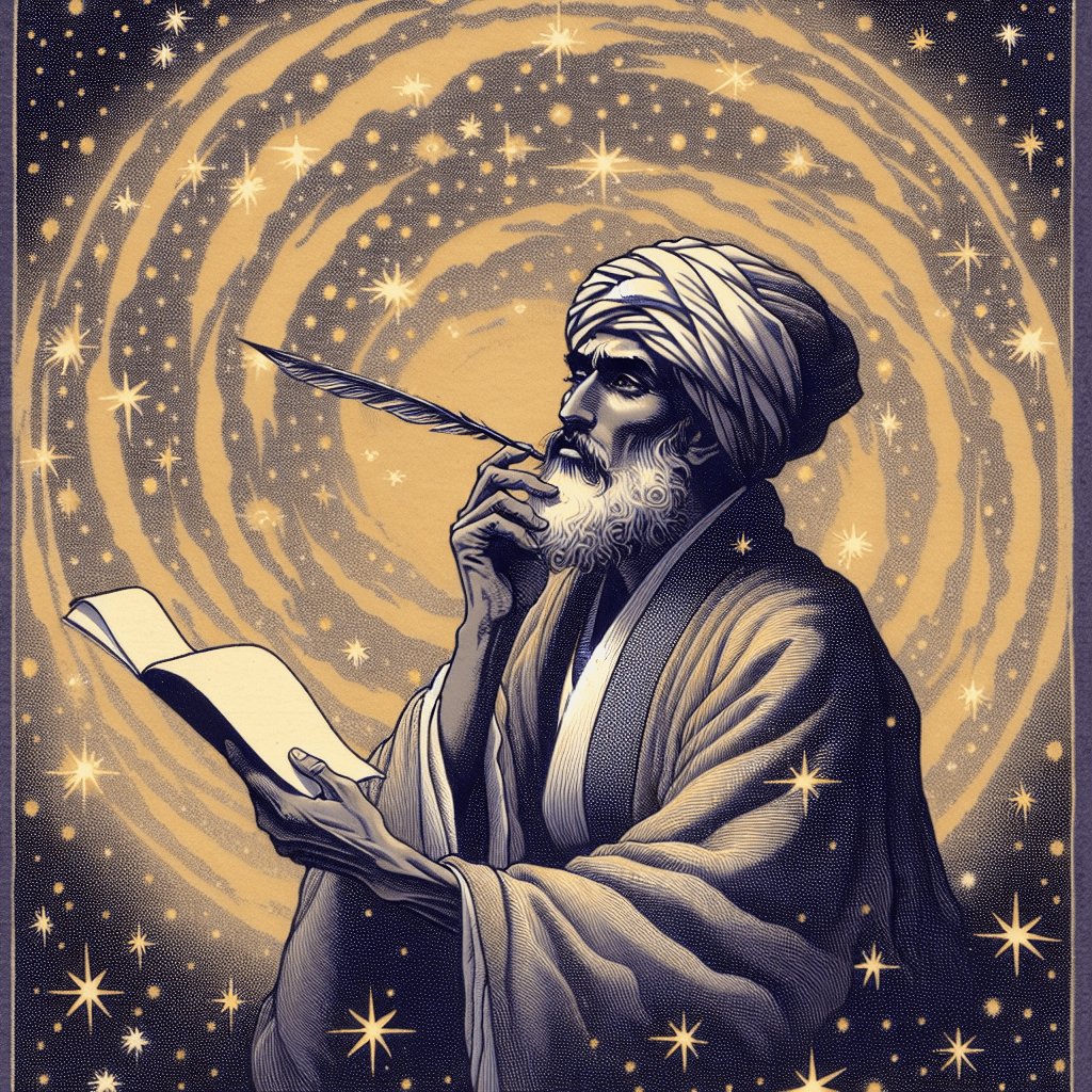 Create an image of Omar Khayyam gazing at the night sky, surrounded by stars, with a quill and parchment, symbolizing his poetic connection to the cosmos.