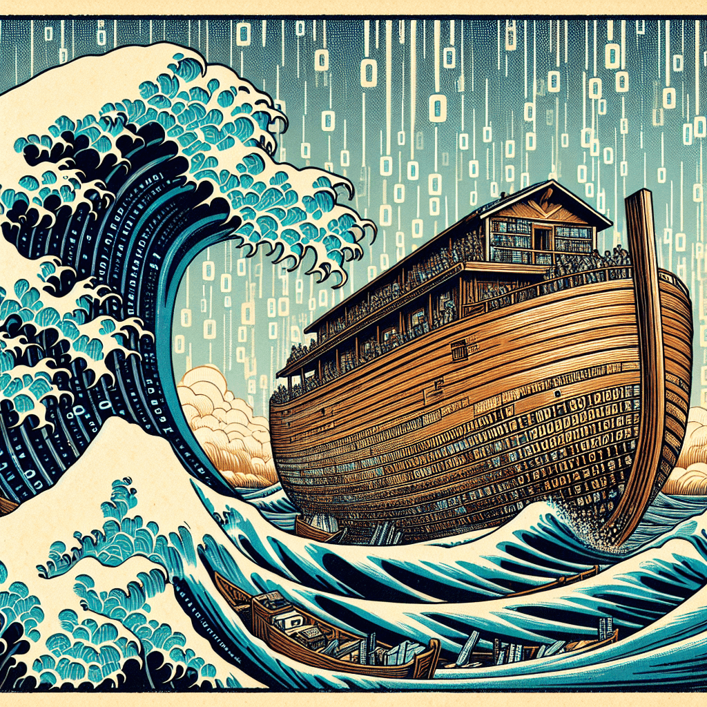 Create an image representing Noah's Ark as a digital vessel navigating through a flood of data, symbolizing the quest for digital preservation.