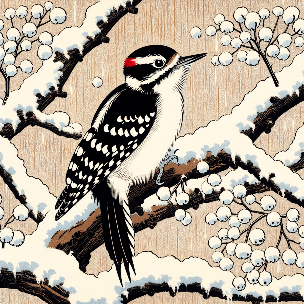 Design an image depicting a Downy Woodpecker surviving in winter.