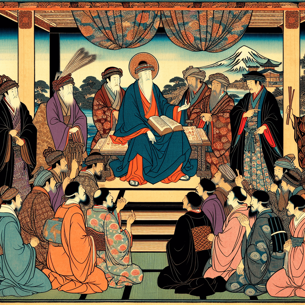 Illustrate a scene depicting the story of Abraham's faith being told to Christian Japanese princes.
