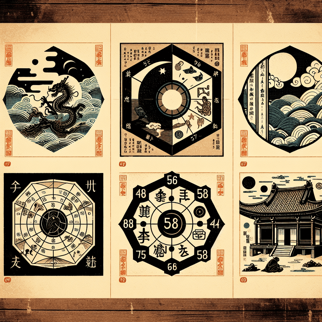 Create an image series depicting the I-Ching Hexagrams 57-64, each represented with symbolic and mystical elements reflecting their meanings and themes.