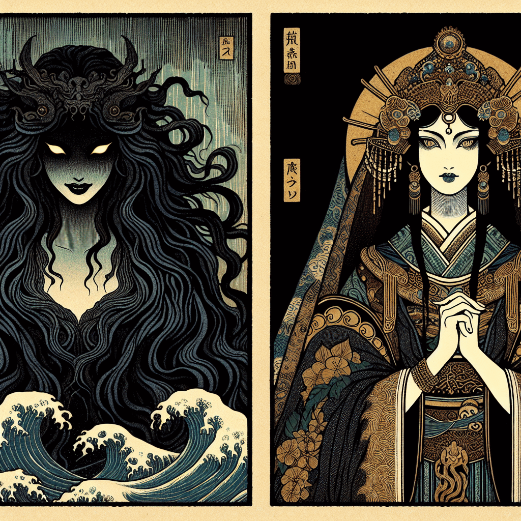 Create an image illustrating a comparison between two powerful female figures, Lilith and Dunia.