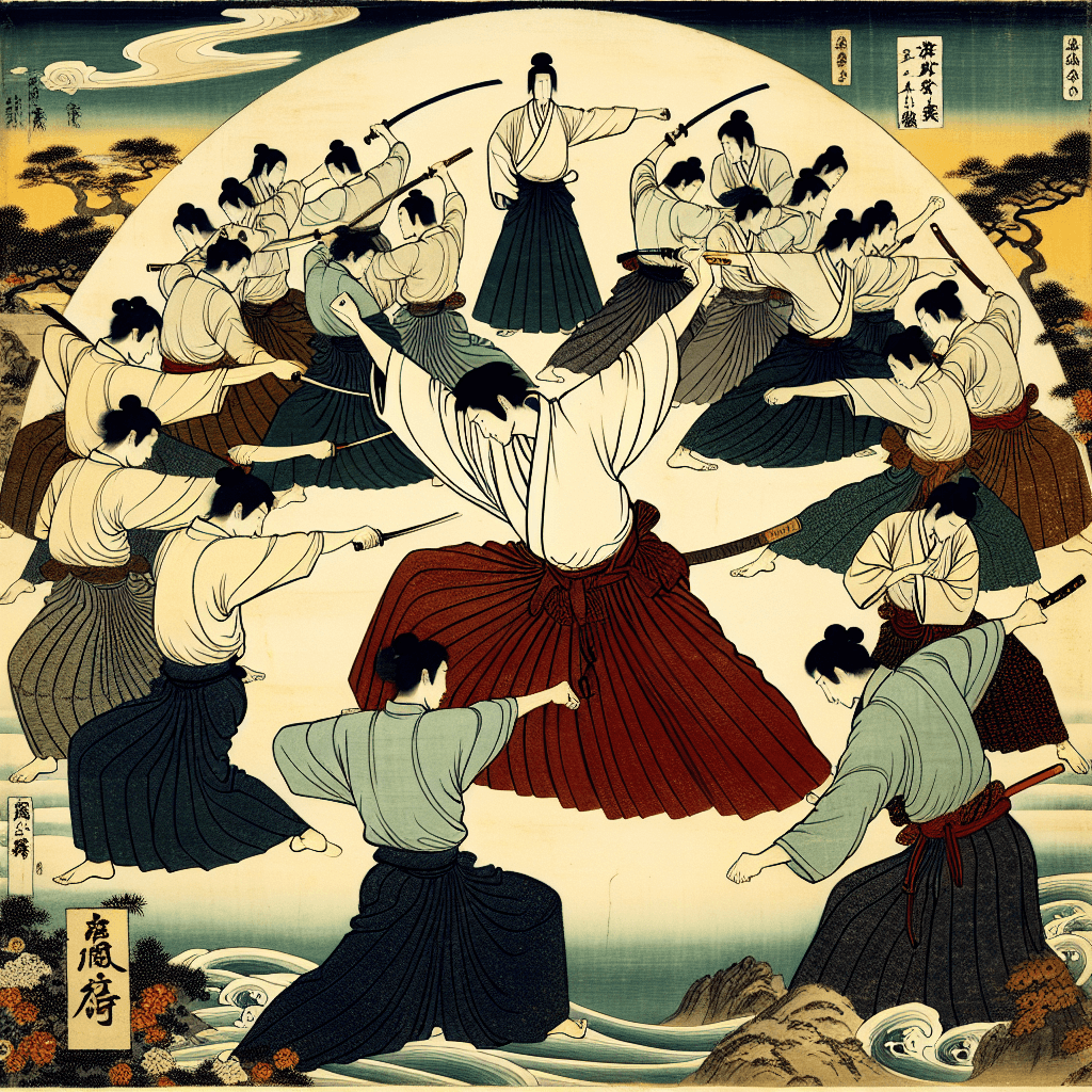 Create an image that represents the integration of the Godai philosophy in the practice of Japanese martial arts.