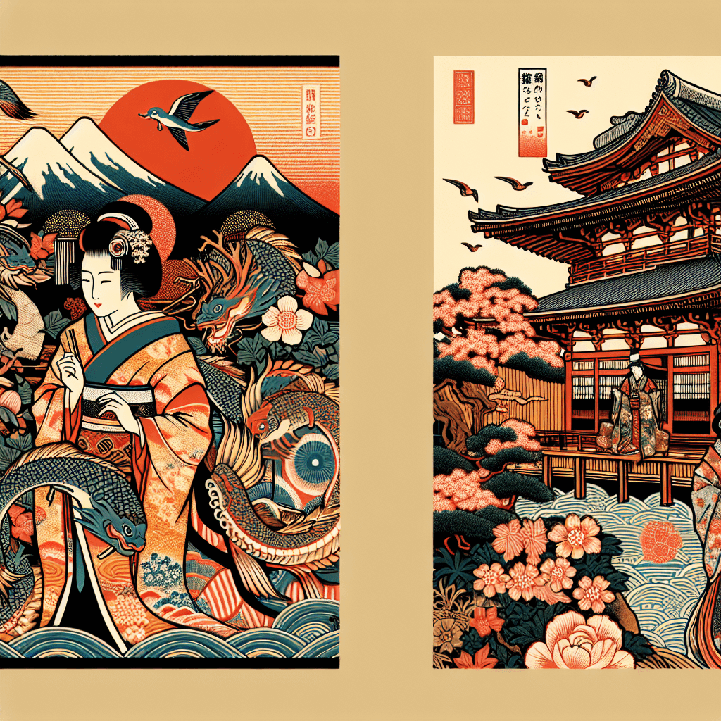 Create an image that captures the essence of Japan's rich cultural heritage, showcasing traditional practices, iconic symbols, and the harmonious blend of ancient and modern influences.