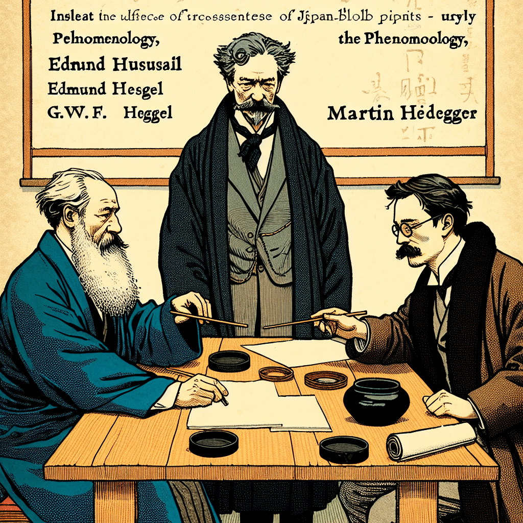 Create an image representing the philosophical concept of phenomenology, featuring philosophers Edmund Husserl, G.W.F. Hegel, and Martin Heidegger.