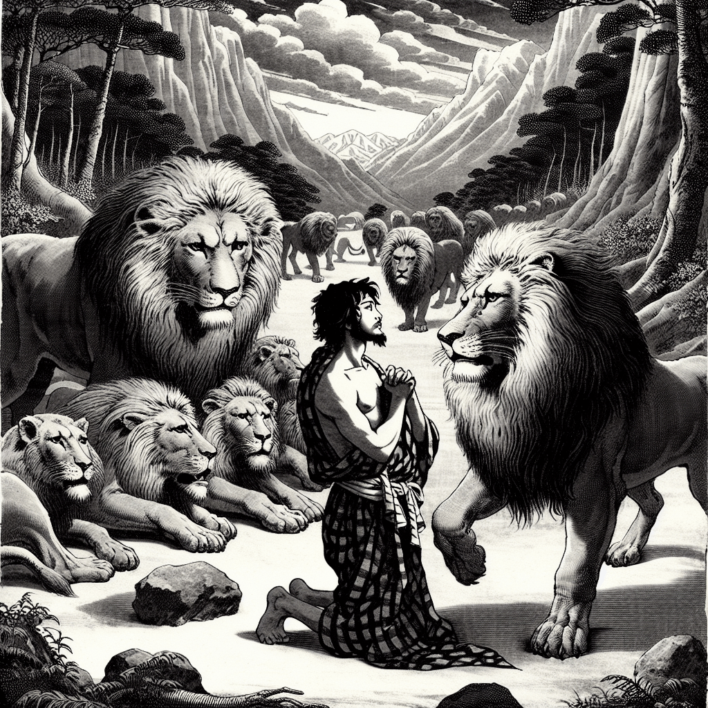 Illustrate a scene depicting Daniel in the Lion's Den, emphasizing elements of faith and courage, tailored to resonate with Christian Japanese Princes.
