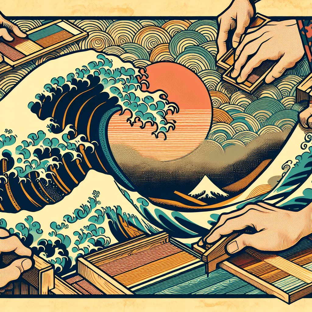 Create an image that depicts the process and skill involved in creating Hokusai's famous wave artwork.