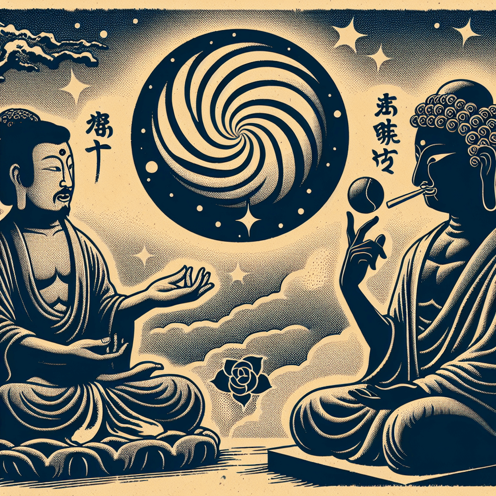 Design an image depicting Buddha as a cosmic curveball in a spiritual dialogue.
