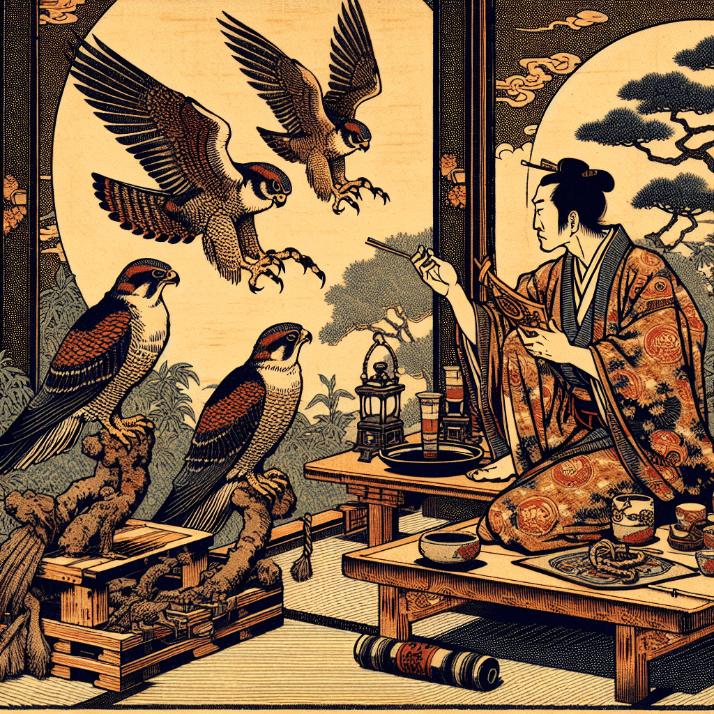Create an image that depicts falcons and the practice of augury within Chinese culture.