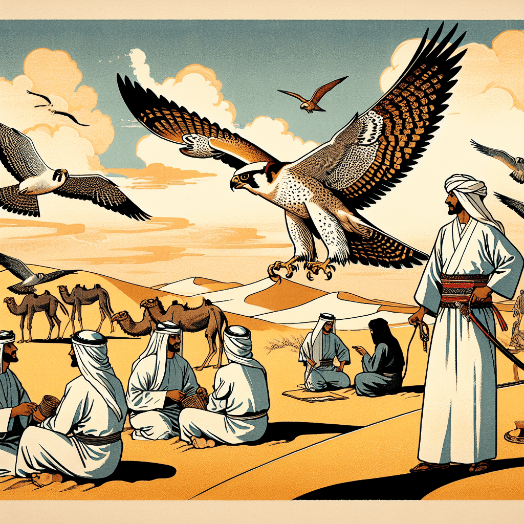Design an image that depicts the significance of falcons and augury in Emirati culture.