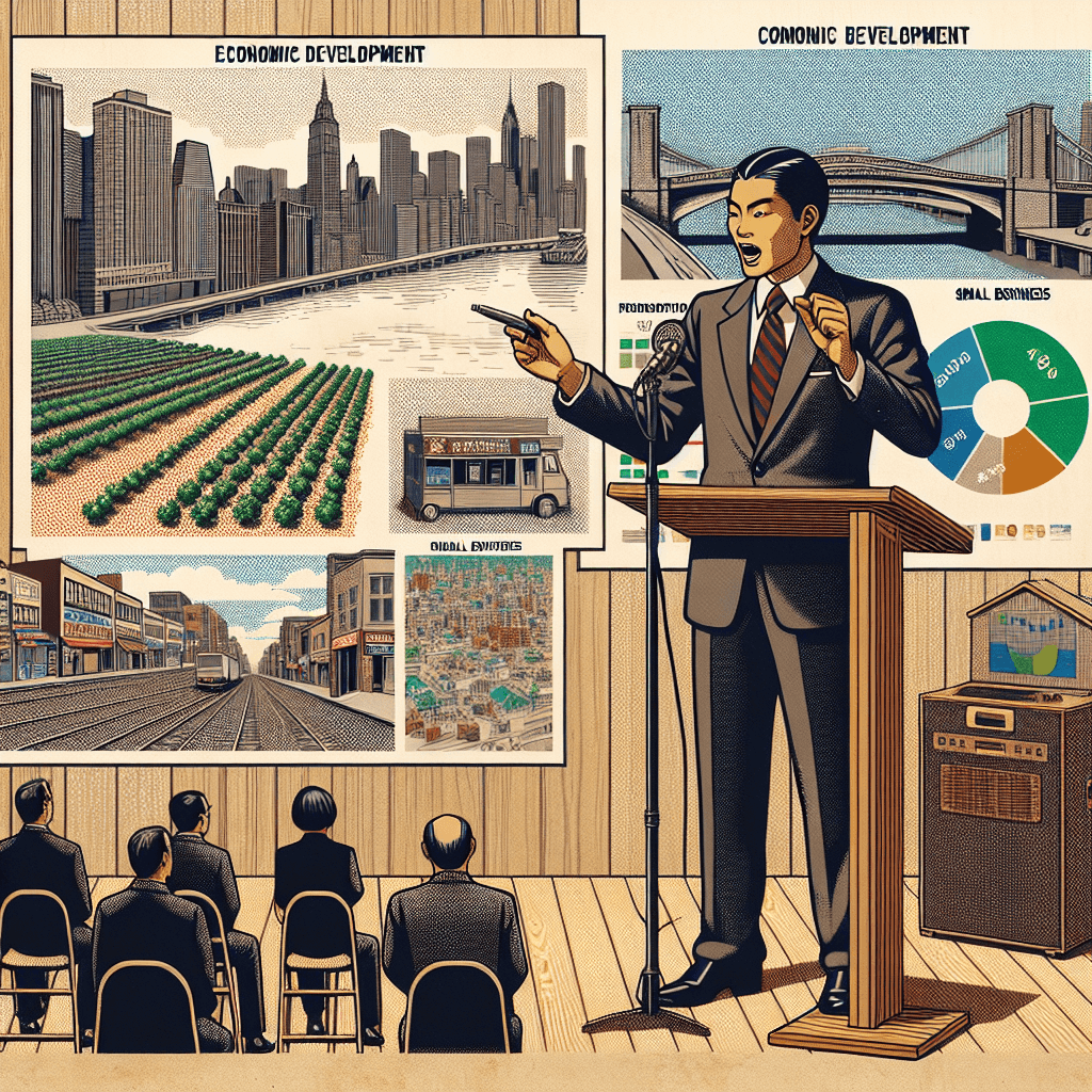 Create an image depicting Congressman Ritchie Torres presenting his vision for economic development and small business support in the Bronx, highlighting community growth and empowerment.