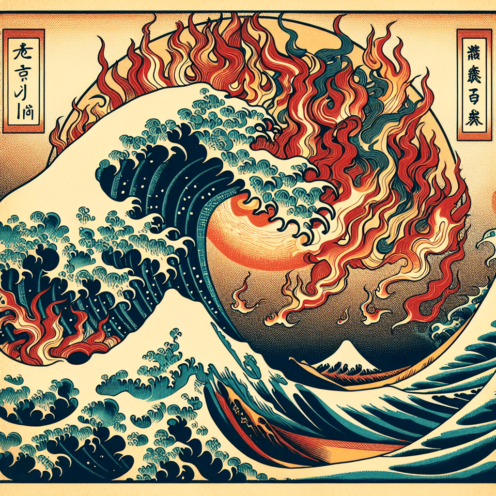 Design an image that represents the element of fire, Ka, as a transformative force in Japanese culture.