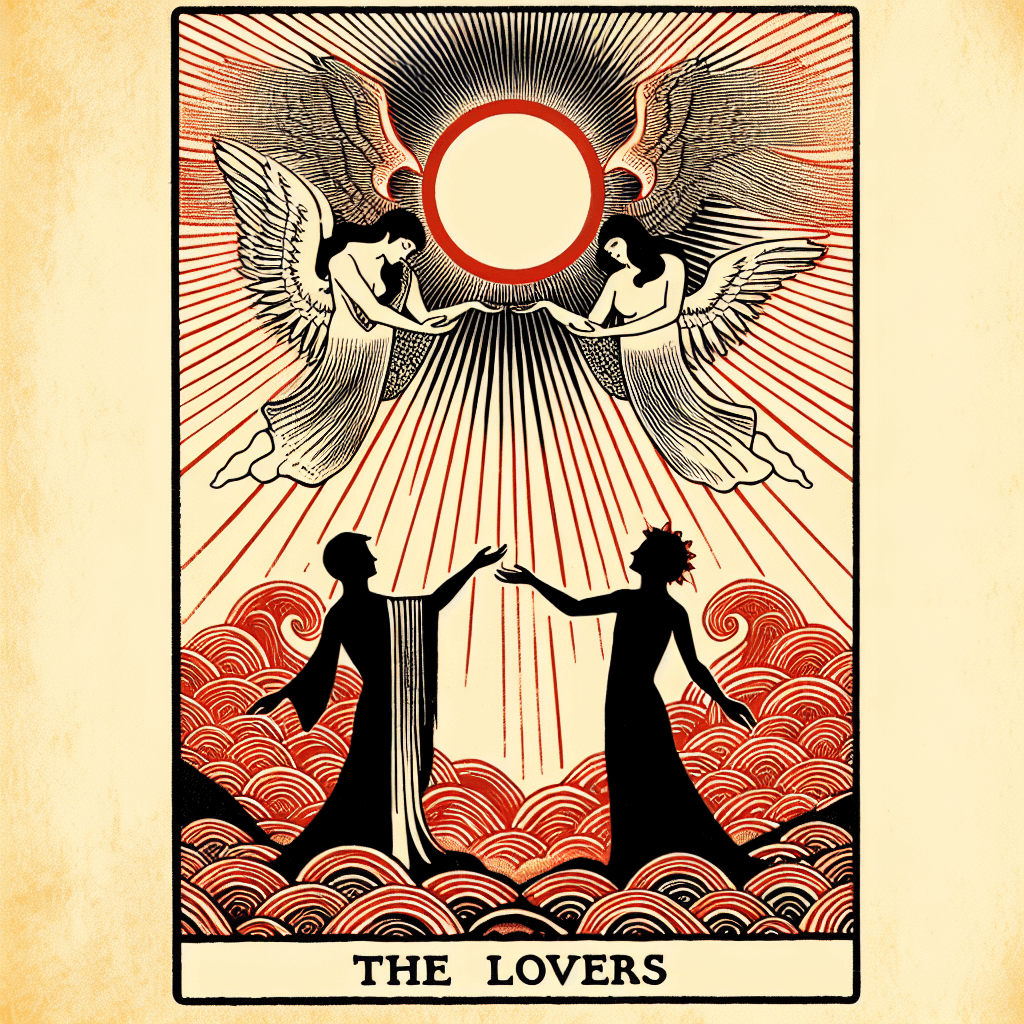 Design an image that depicts the symbolism and meaning of 'The Lovers' in Tarot.