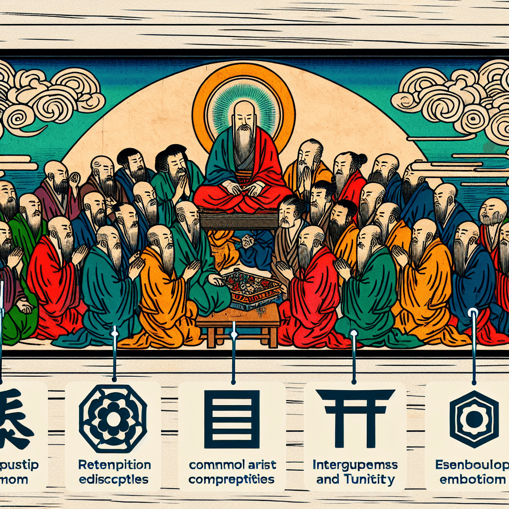 Create an image depicting the assembly of disciples in 'The Journey to the West', highlighting themes of redemption and unity.