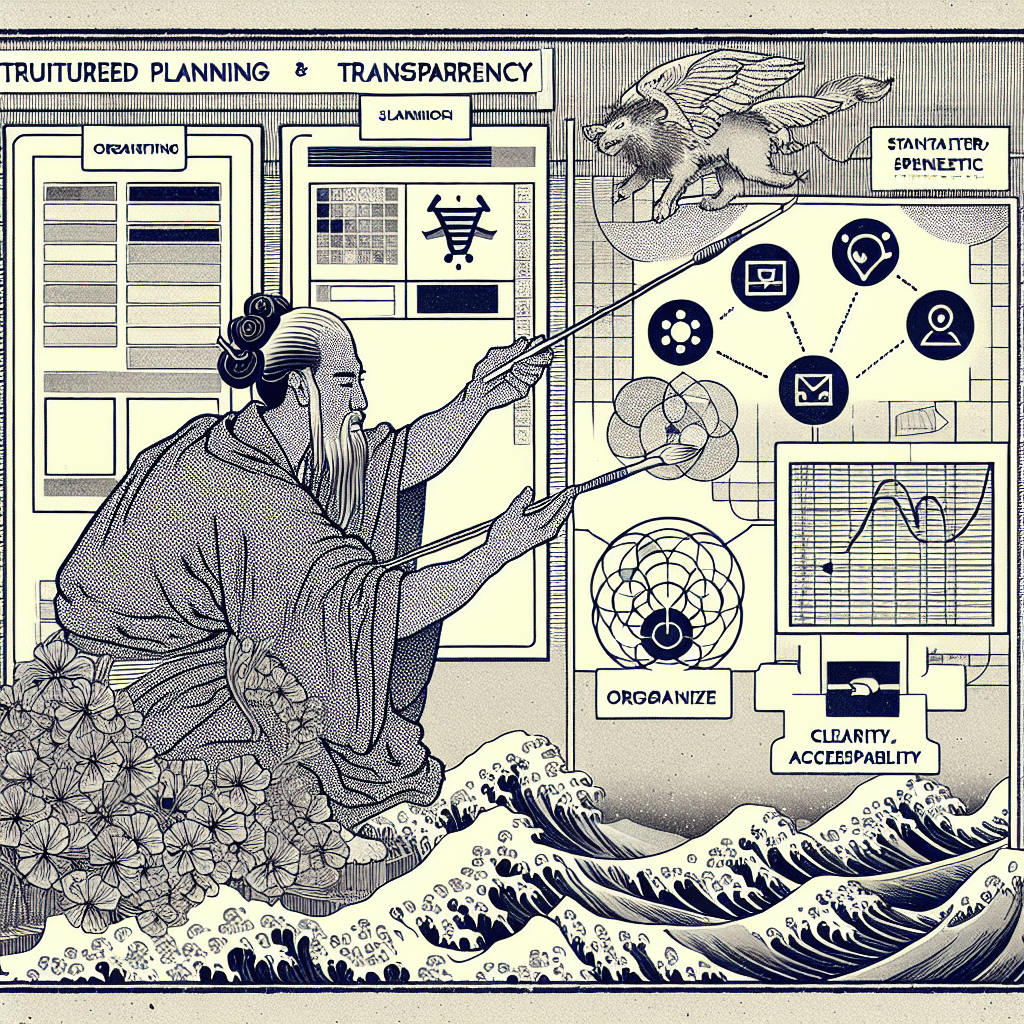 Create an image that represents the concept of structured planning and transparency in content creation, incorporating elements that symbolize organization, clarity, and openness in the creative process.