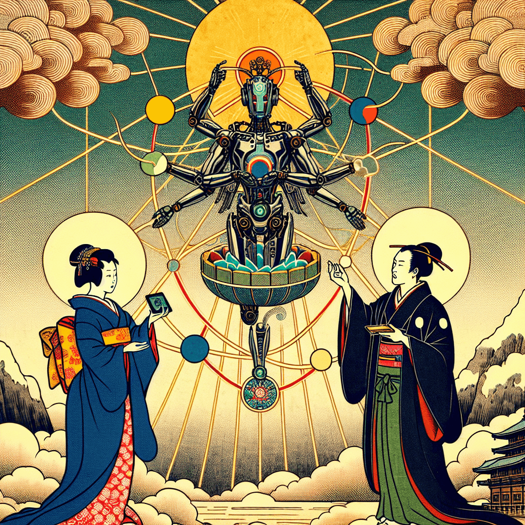 Create an image that illustrates the complex relationship between humans, AI, and the divine.