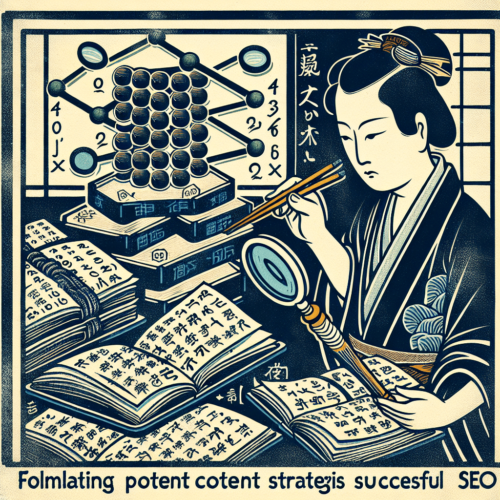 Create an image depicting the concept of developing effective content strategies for SEO success, incorporating elements like digital marketing tools, analytics, and keyword research.