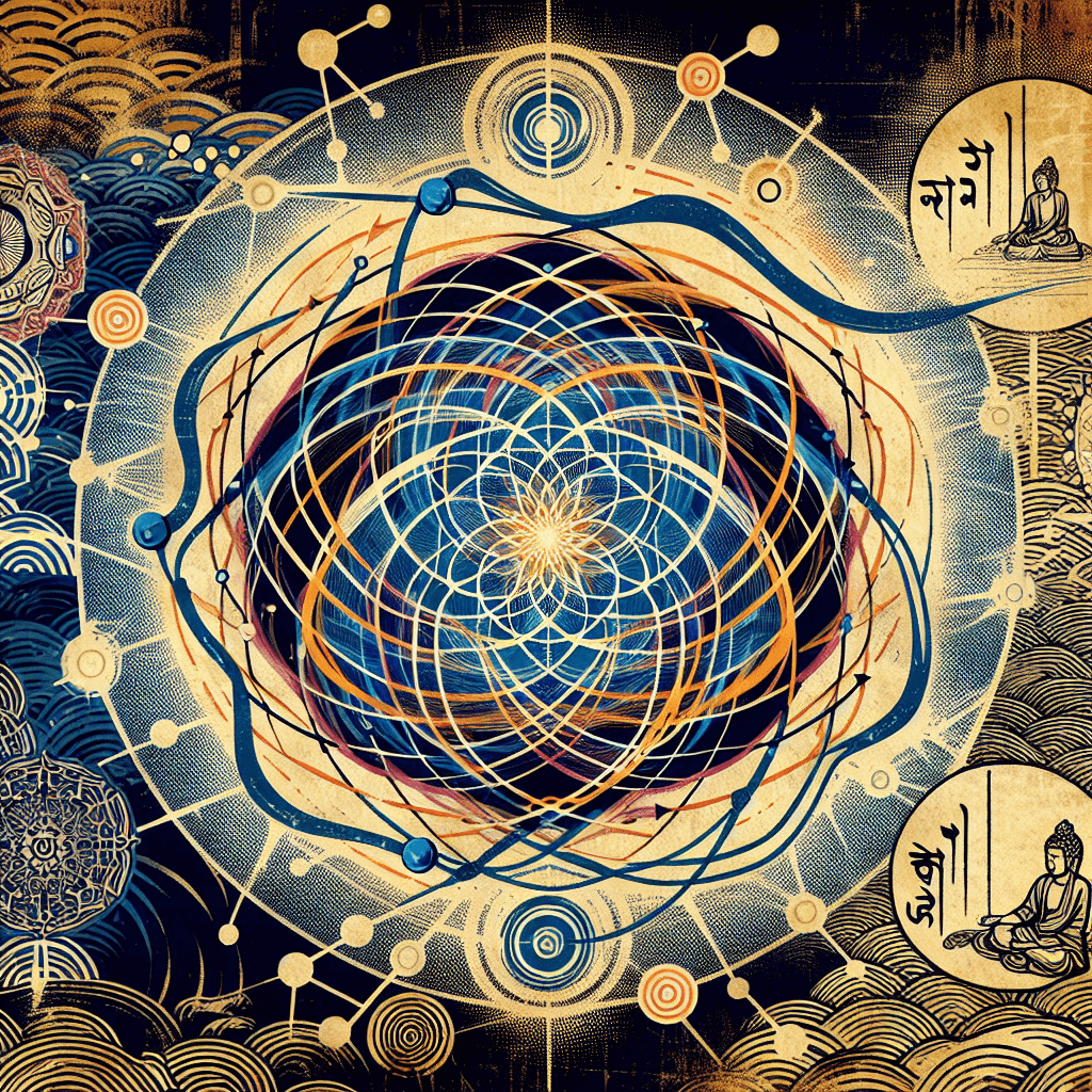 Create an image depicting the convergence of modern physics and ancient wisdom, featuring elements like quantum particles and waveforms intertwined with symbols of mysticism, such as mandalas and ancient scripts, to illustrate the harmony between science and spirituality.